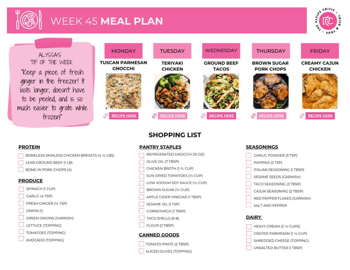 This week’s menu is full of easy, family-friendly dinners—and it comes with a free printable shopping list to make your week super simple! A pdf of a meal plan and shopping list.