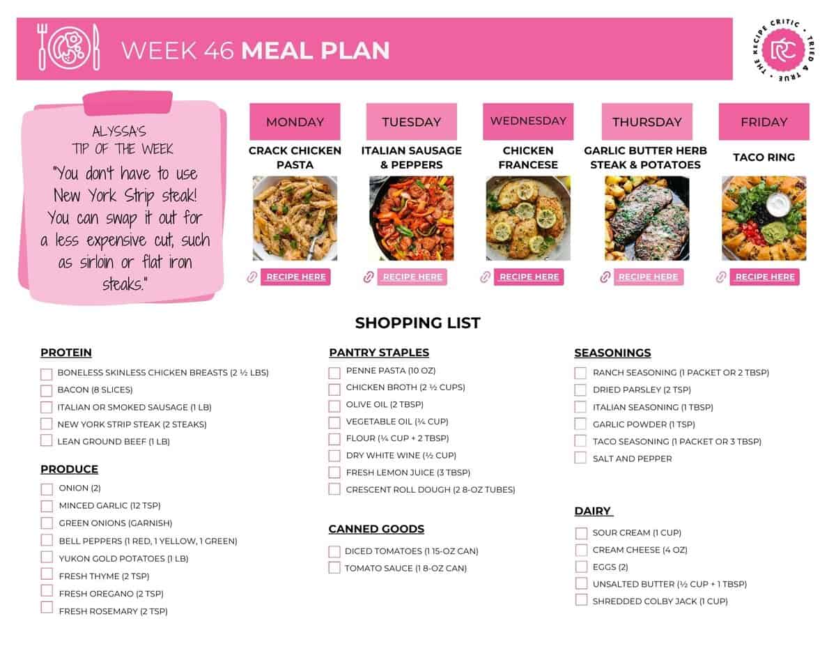 I wanted to make this week as delicious and stress-free as possible. This meal plan is packed with easy, comforting recipes that come together quickly but taste like you spent hours in the kitchen. There’s something for everyone! Image of the PDF printable shopping list for the different recipes for the week.