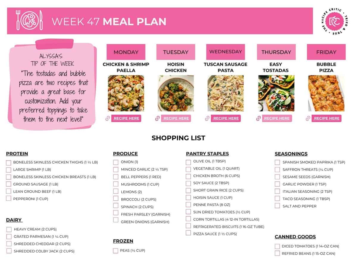 I put together a fun meal plan that will feel like you got to take a trip around the world. There's Spanish-inspired comfort, bold Asian flavors, cozy Italian pasta, crunchy Mexican tostadas, and some crowd-pleasing bubble pizza for Friday night! Printable shopping list.