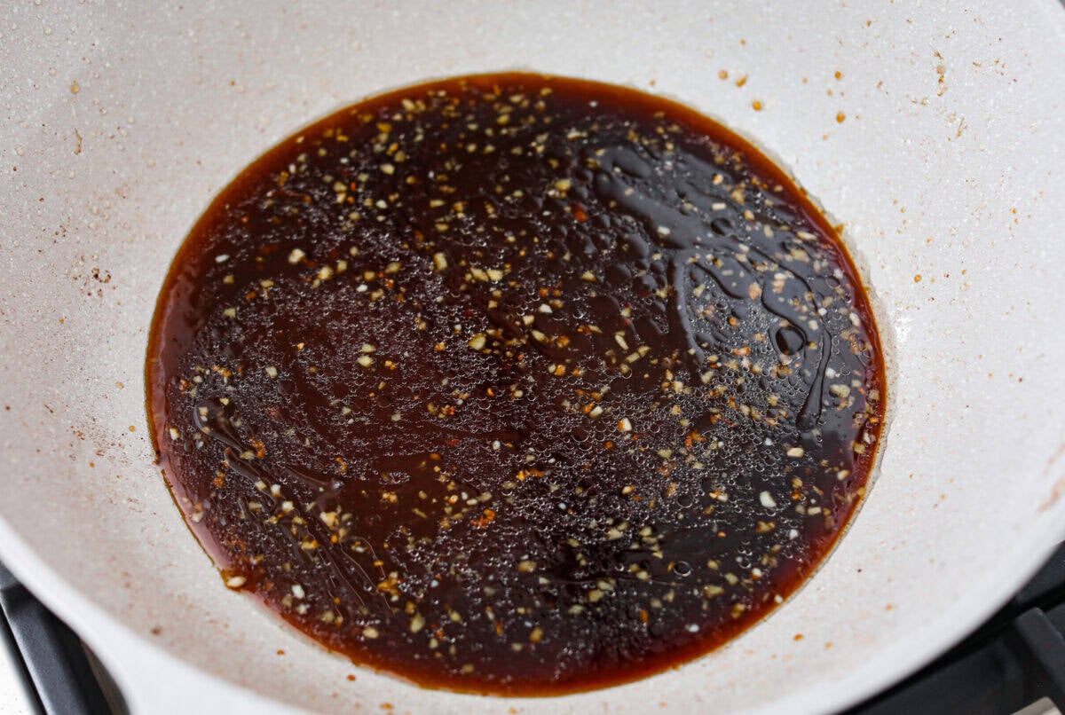 Sauce mixture cooking in a pan. 