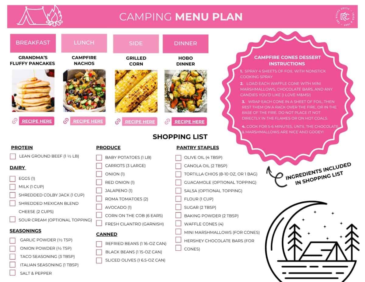 This week, we’re trading kitchen counters for picnic tables and stovetops for open flames. Whether you're camping deep in the woods or just backyard glamping, this camp menu is filled with simple, comforting favorites Picture of the printable shopping list for the camping menu plan.