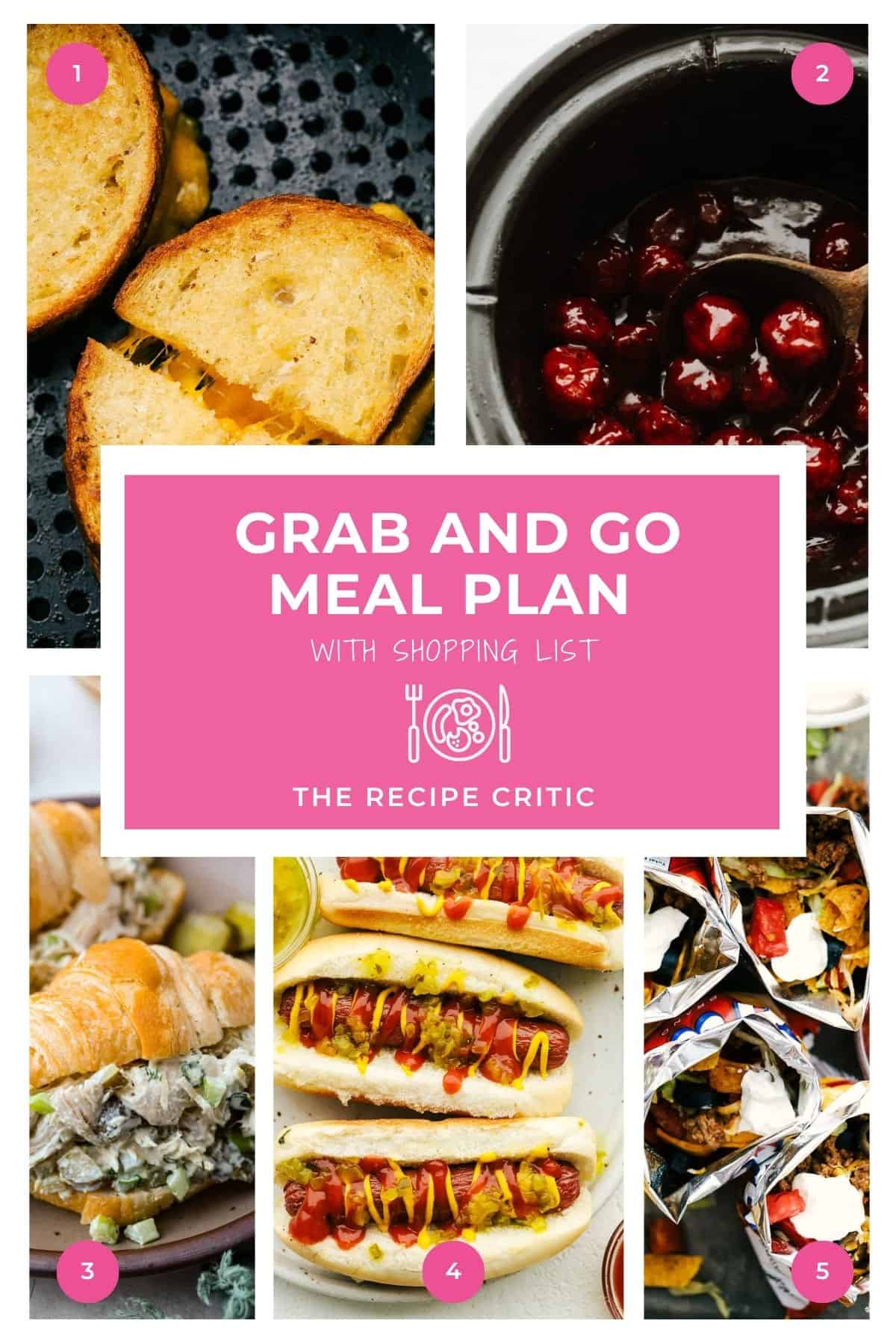 Between school pickups, errands, and everything else, dinner shouldn’t be the hard part. This grab-and-go meal plan has five easy recipes and a shopping list to make your week run smoother. Collage of all of the hero images from this weeks meal plan.