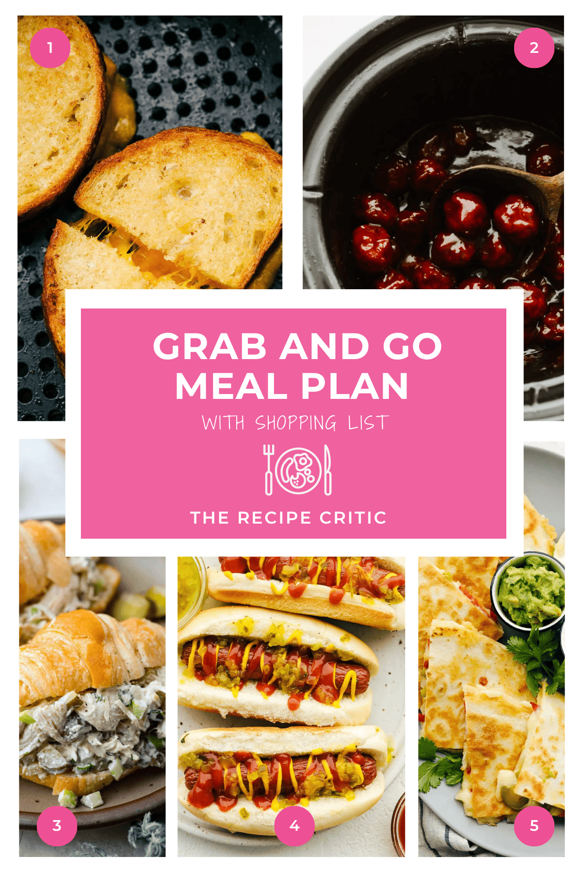 Between school pickups, errands, and everything else, dinner shouldnโt be the hard part. This grab-and-go meal plan has five easy recipes and a shopping list to make your week run smoother. Collage of different hero shots from the recipes in this weeks meal plan.