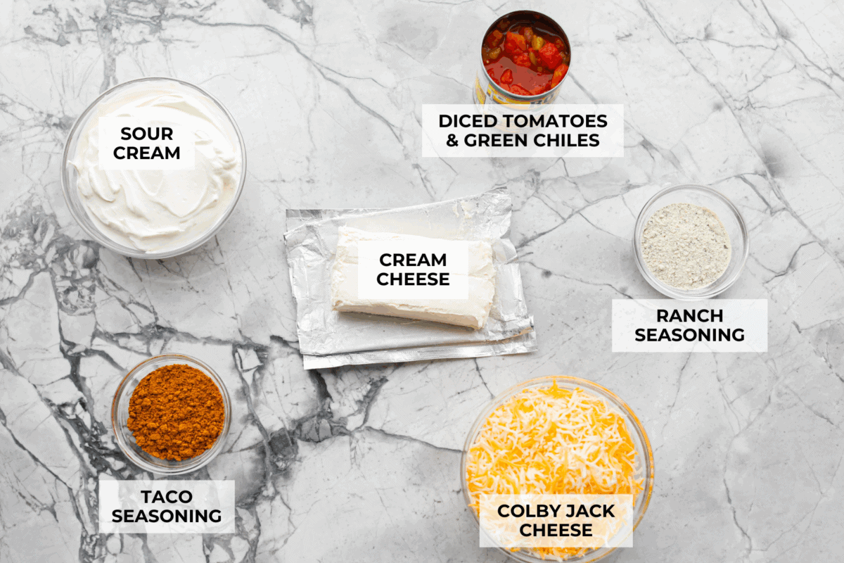 This viral boat dip is blowing up on the socials, and for good reason. It's creamy, cheesy, and the best flavor. It's the easiest appetizer for lake days, BBQs, or any summer hangout. Overhead shot of labeled ingredients.