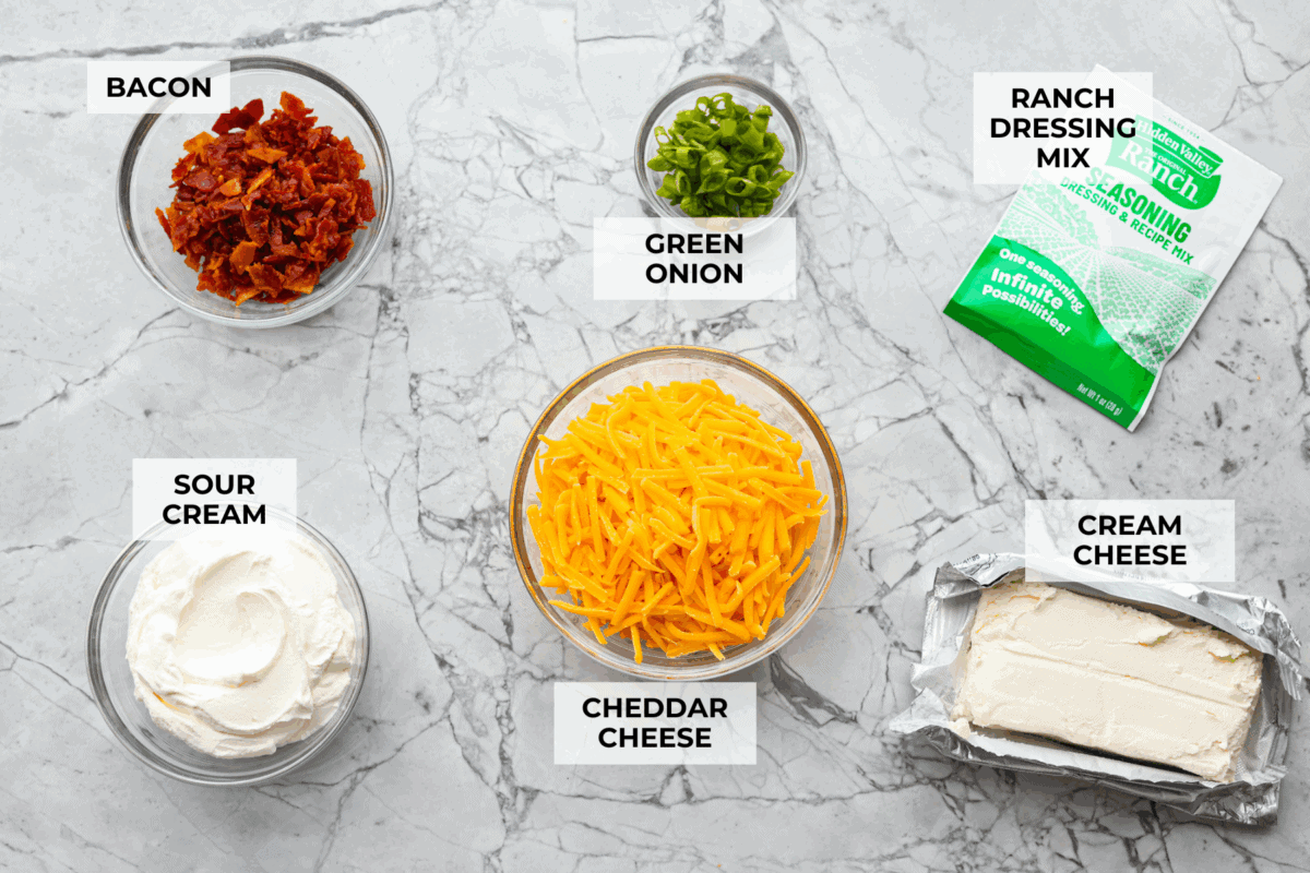 Creamy, cheesy, and loaded with crack dip flavor! This 6-ingredient appetizer is served cold and ready in just 10 minutes. Good luck keeping it on the table. Overhead shot of labeled crack dip ingredients.