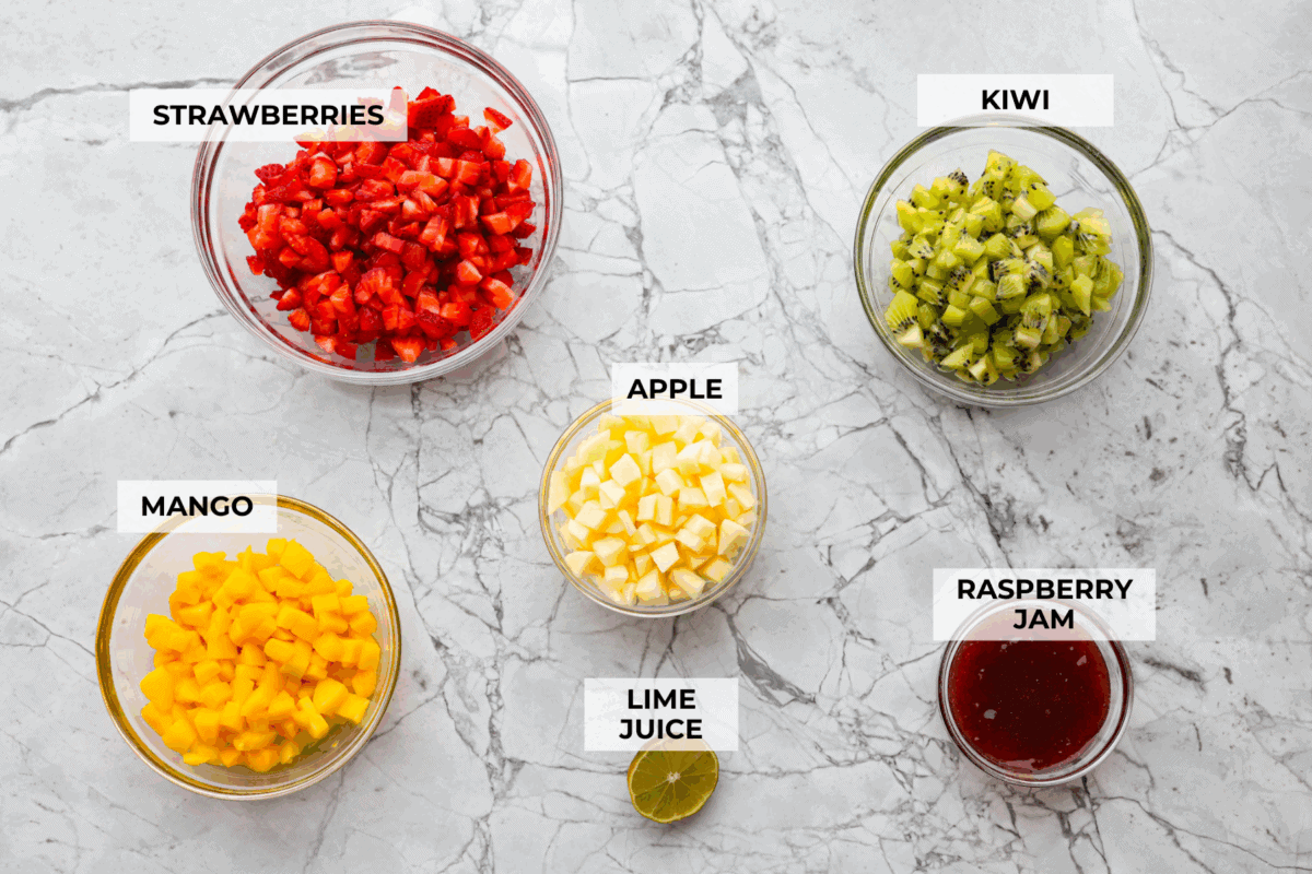 Overhead shot of labeled ingredients. 