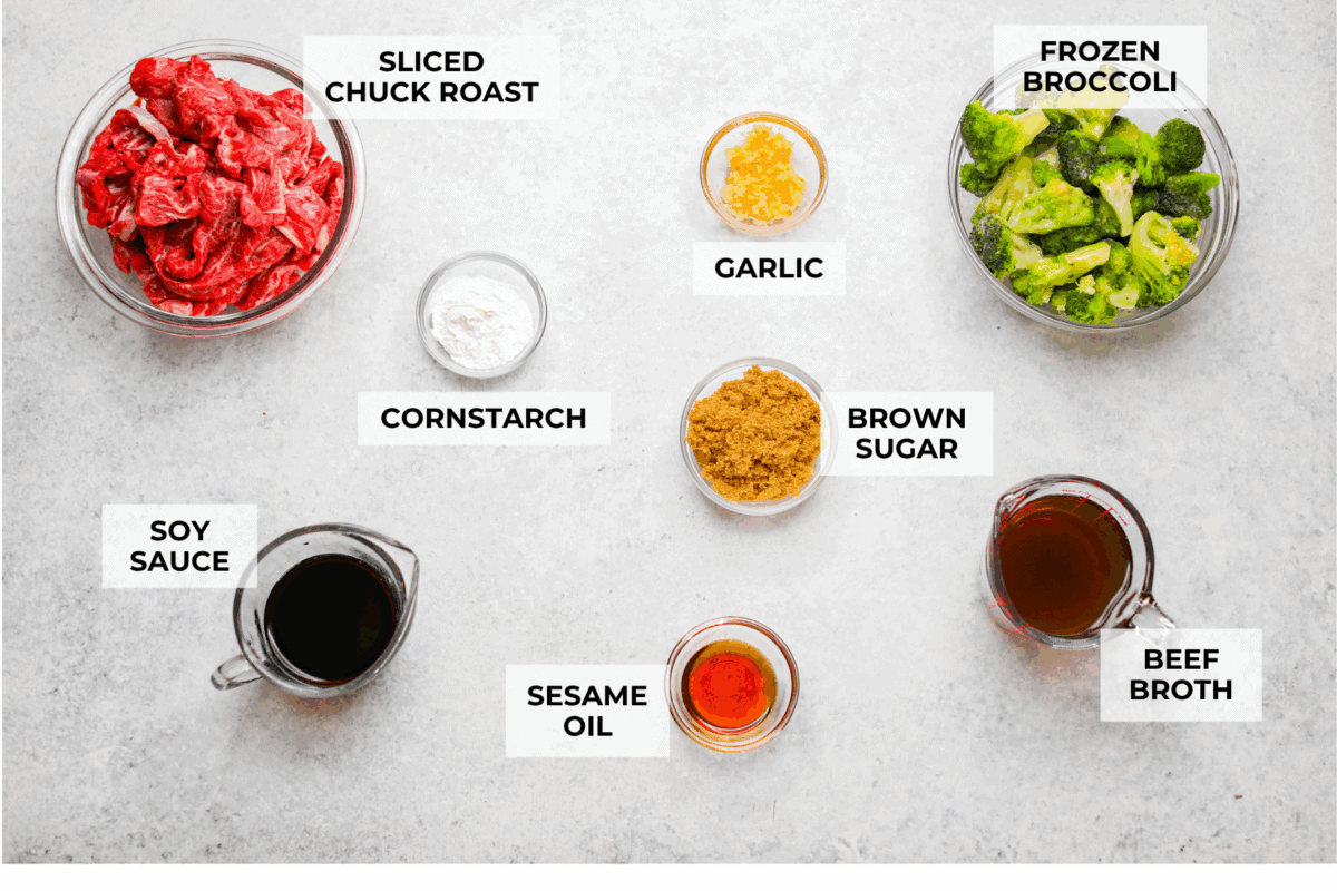Overhead shot of labeled ingredients. 