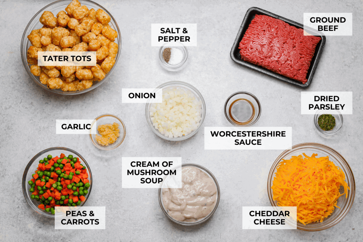 If you love shepherd’s pie, you’ve got to try this Tater Tot Casserole! It’s the ultimate lazy-girl version, with tots instead of mashed potatoes, melty cheese, hearty beef, and total comfort in every bite. The kids will absolutely devour it. Labeled ingredients for tater tot casserole.