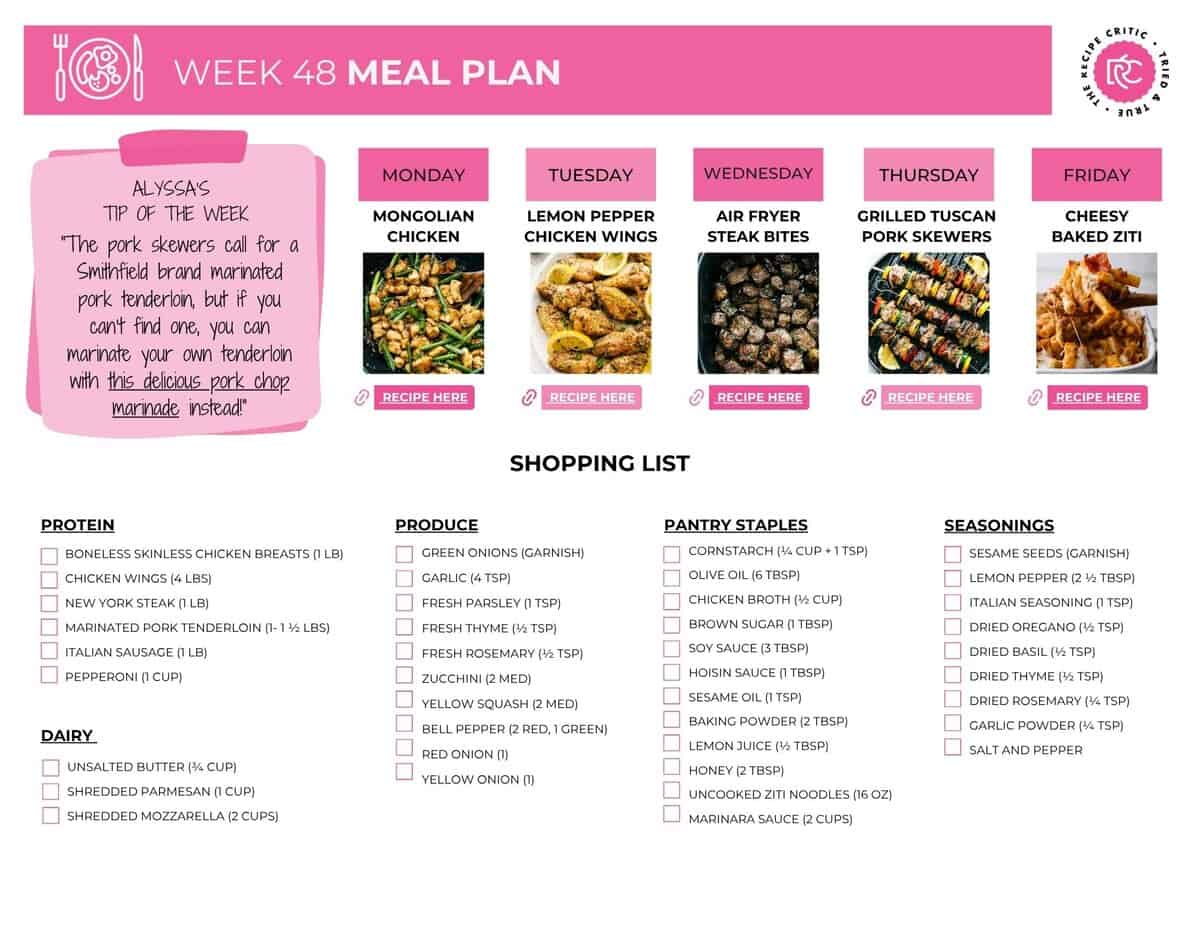 Need a break from last-minute dinner decisions? This week’s meal plan is here to help. With five flavorful meals and a ready-to-go grocery list, you’ll spend less time wondering what to cook and more time enjoying it. Picture of the printable shopping list.