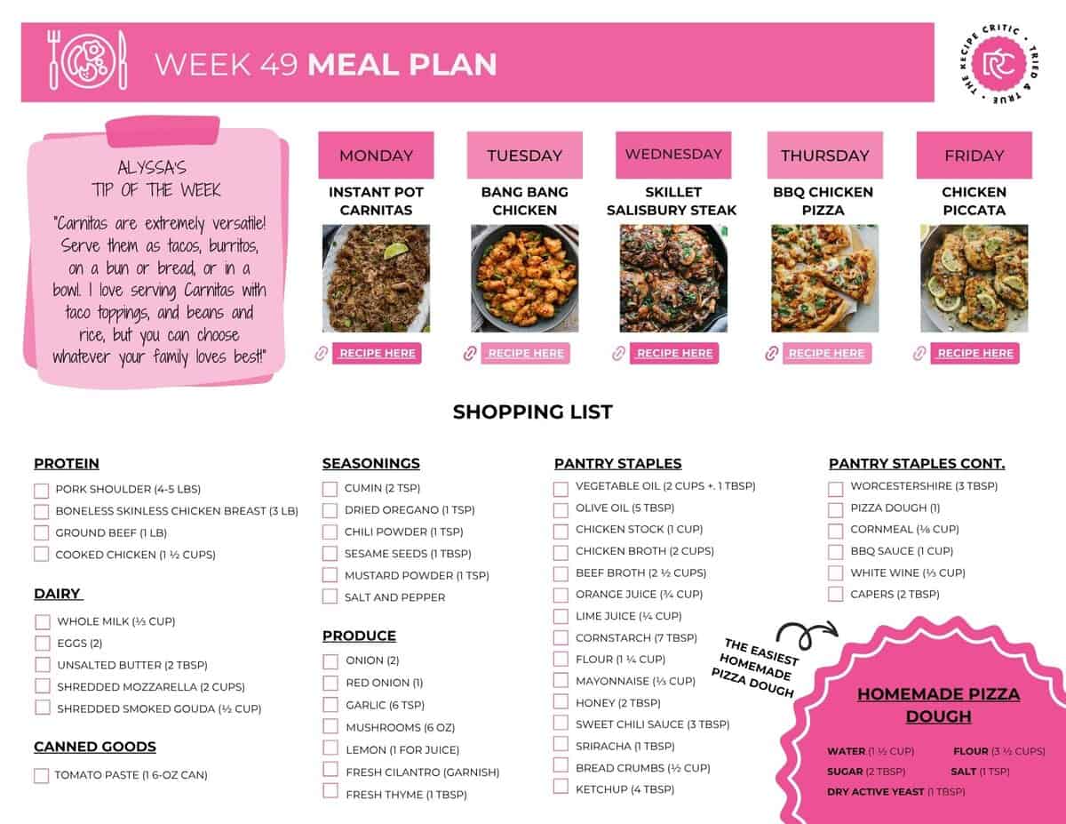 These meal plans have been saving my sanity! I’m so grateful to all of you for showing up, making dinner happen, and proving that yes, we can feed our people without losing our minds! This week’s menu has some of my absolute favorites! Printable grocery list for the meal plan.
