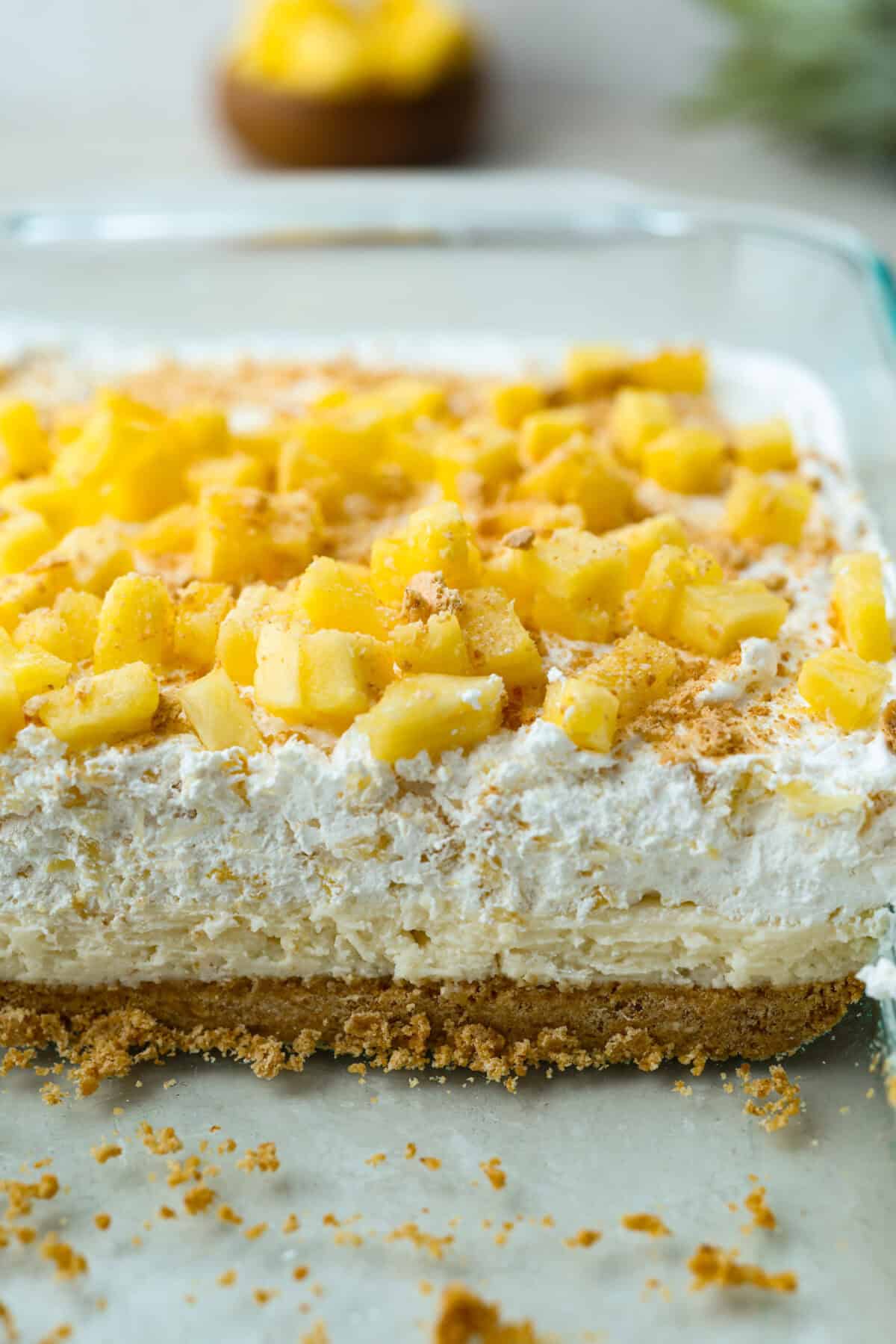 Side shot of pineapple delight topped with pineapple and crushed graham cracker crumbs.