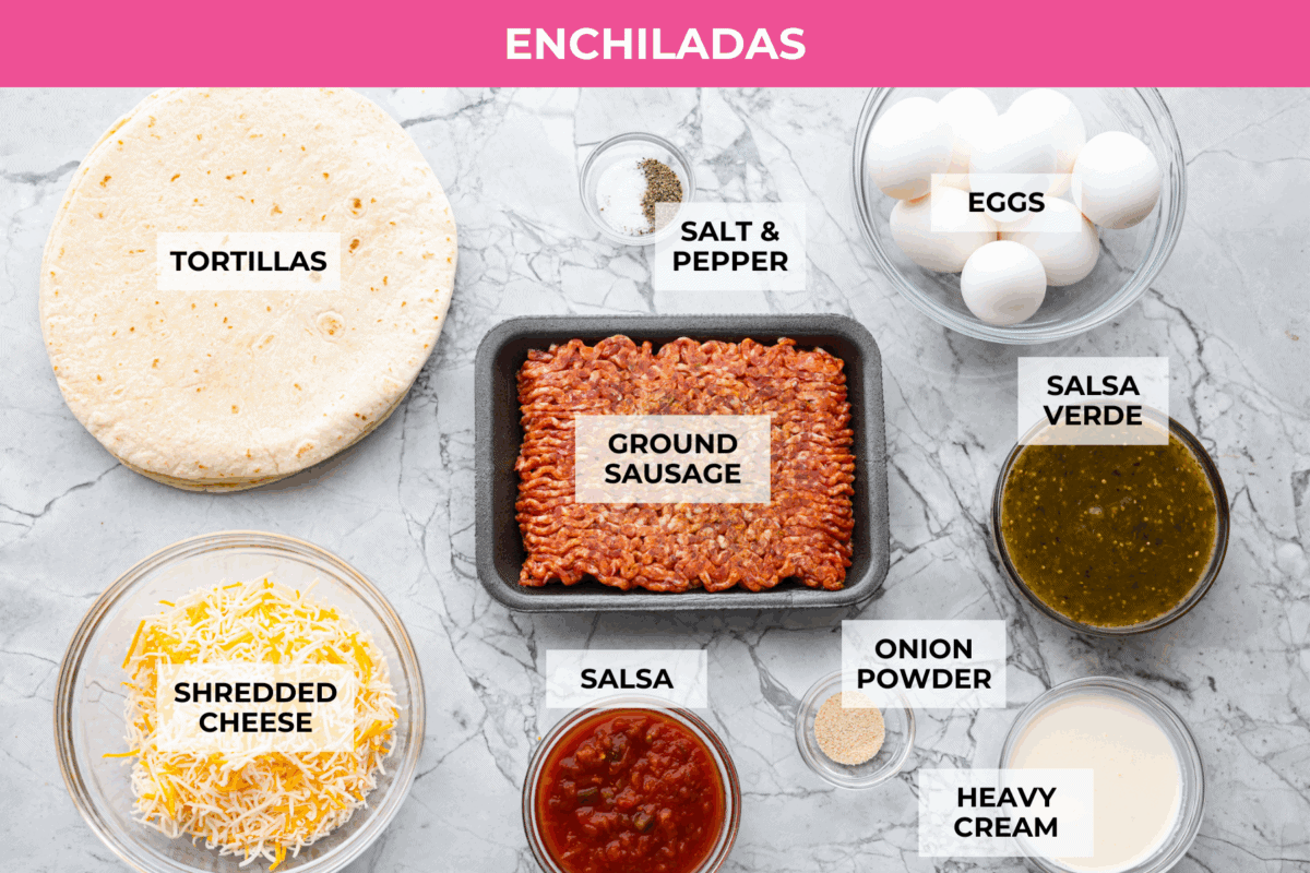 Overhead shot of labeled enchilada ingredients. 