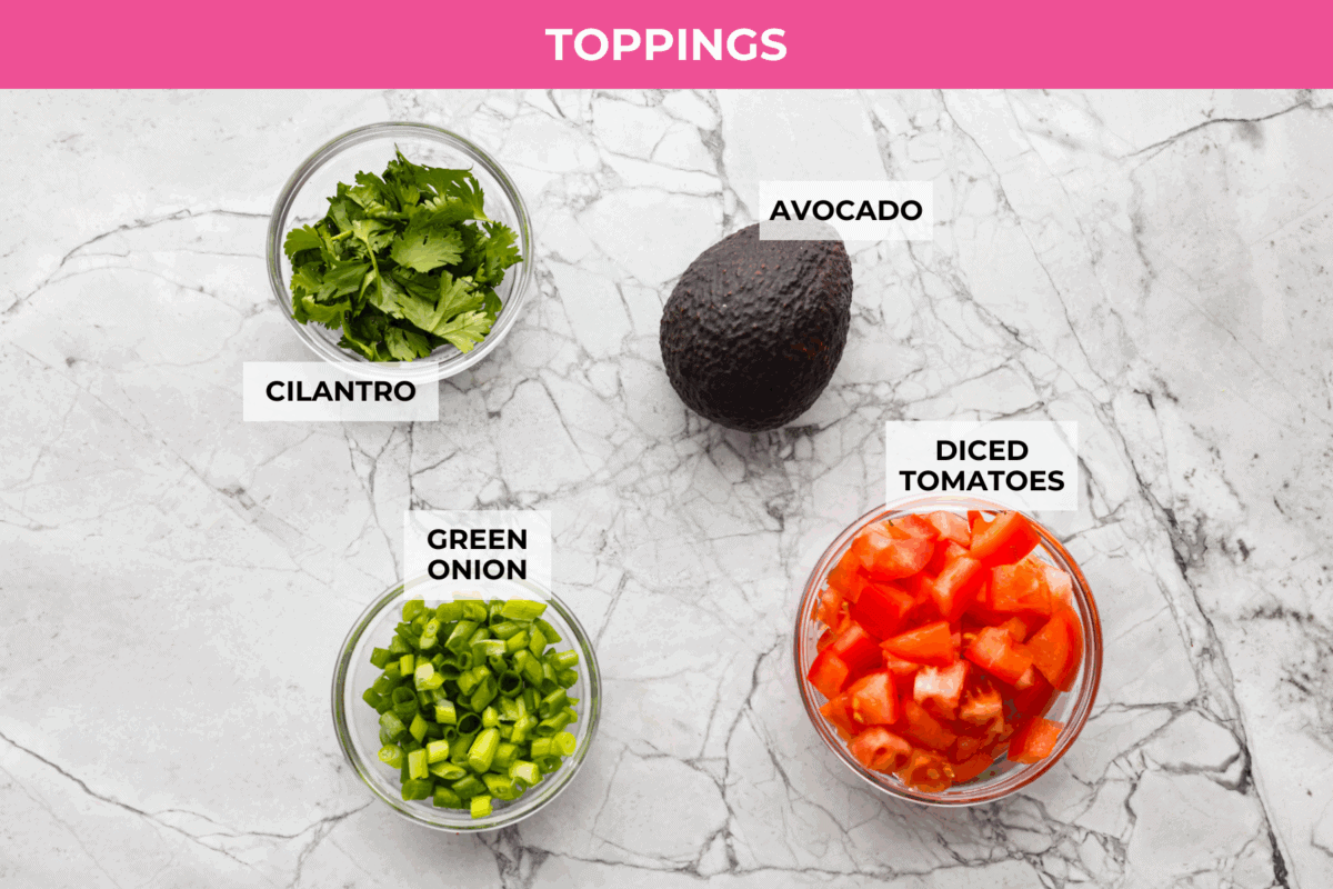 Overhead shot of labeled breakfast enchilada toppings. 