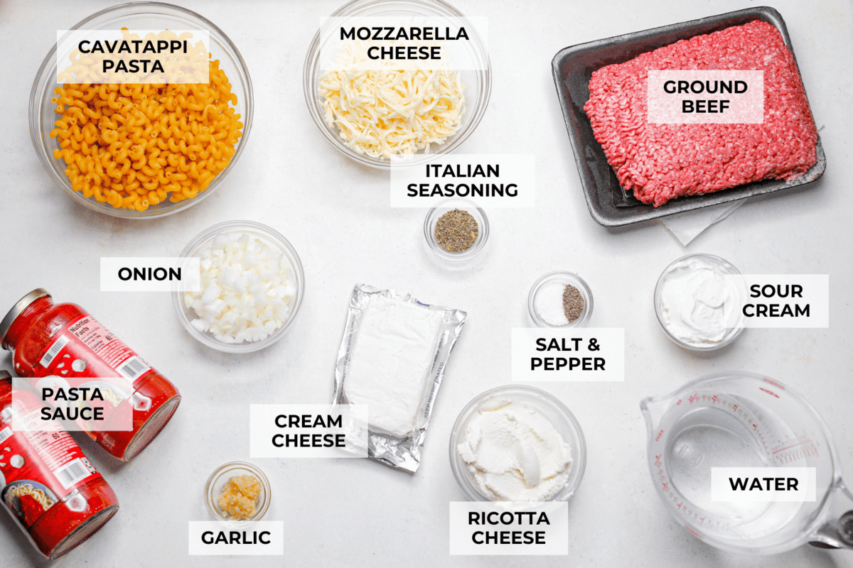 Crockpot million dollar pasta is rich, creamy, and straight-up dreamy. No boiling, no babysitting, just toss it all in and let your slow cooker work its magic! Overhead shot of labeled ingredients.