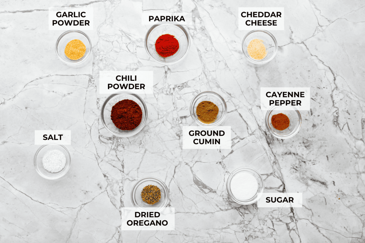 Overhead shot of labeled ingredients. 