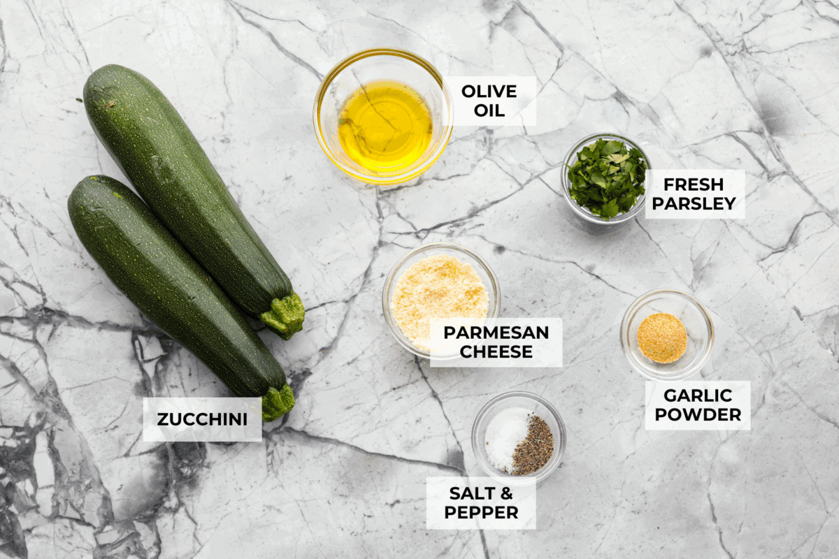 Overhead shot of labeled ingredients. 