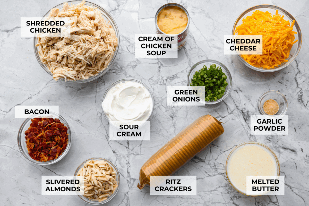 Neiman Marcus Chicken Casserole is boujee on a budget. It’s creamy, comforting, and topped with a buttery, golden cracker crust. Inspired by a recipe from the iconic department store’s café, this casserole tastes amazing and comes together fast. Overhead shot of labeled Neiman Marcus chicken casserole ingredients.