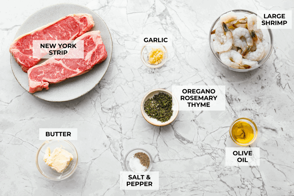 Overhead shot of labeled ingredients. 