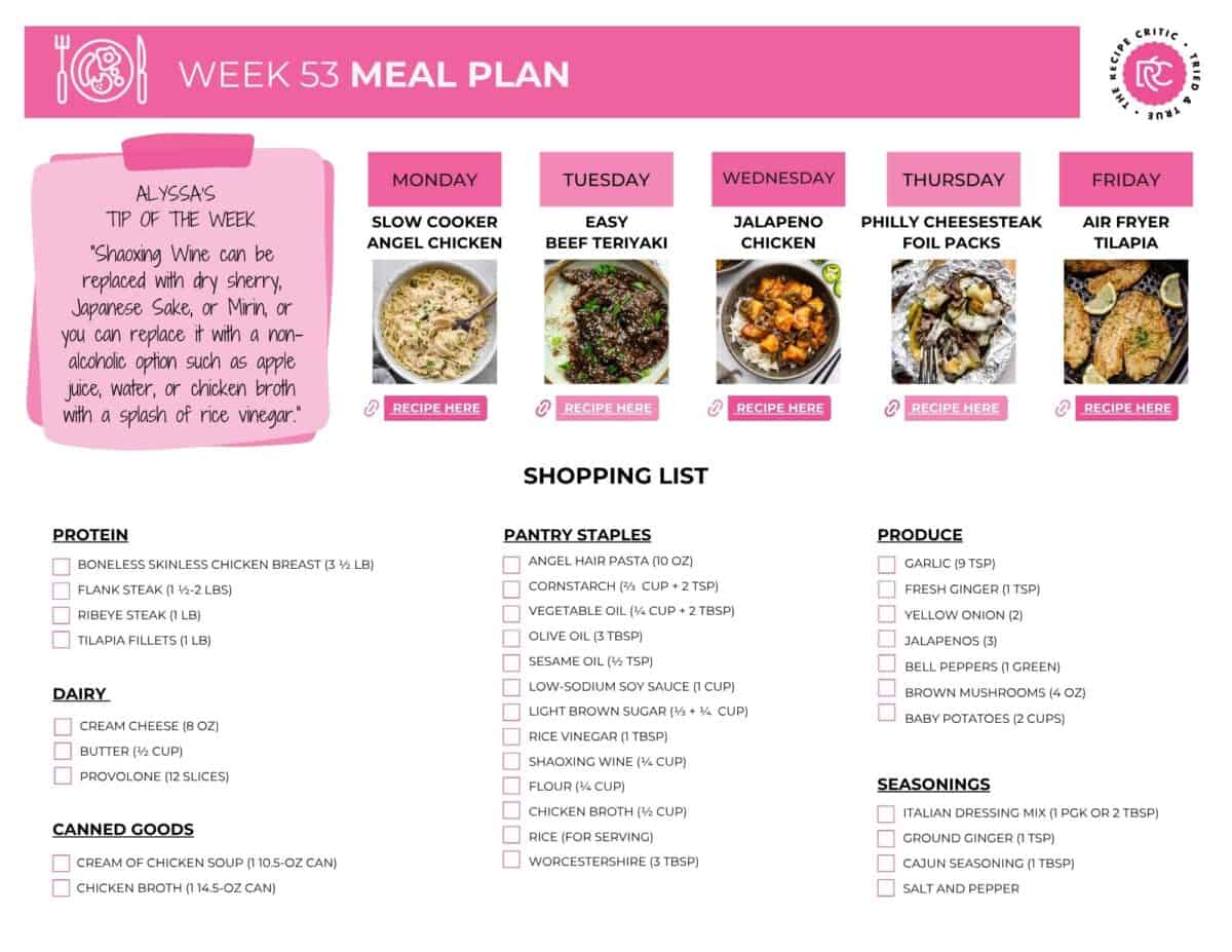 This weekly meal plan has a little something for everyone, including a cozy, flavor-packed favorite: my Slow Cooker Angel Chicken! Even picky eaters will be asking for seconds. Meal plan and printable shopping list.