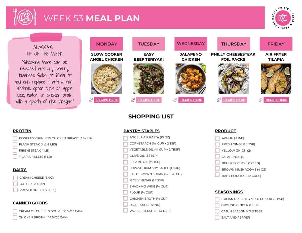 This weekly meal plan has a little something for everyone, including a cozy, flavor-packed favorite: my Slow Cooker Angel Chicken! Even picky eaters will be asking for seconds. Meal plan and printable shopping list.