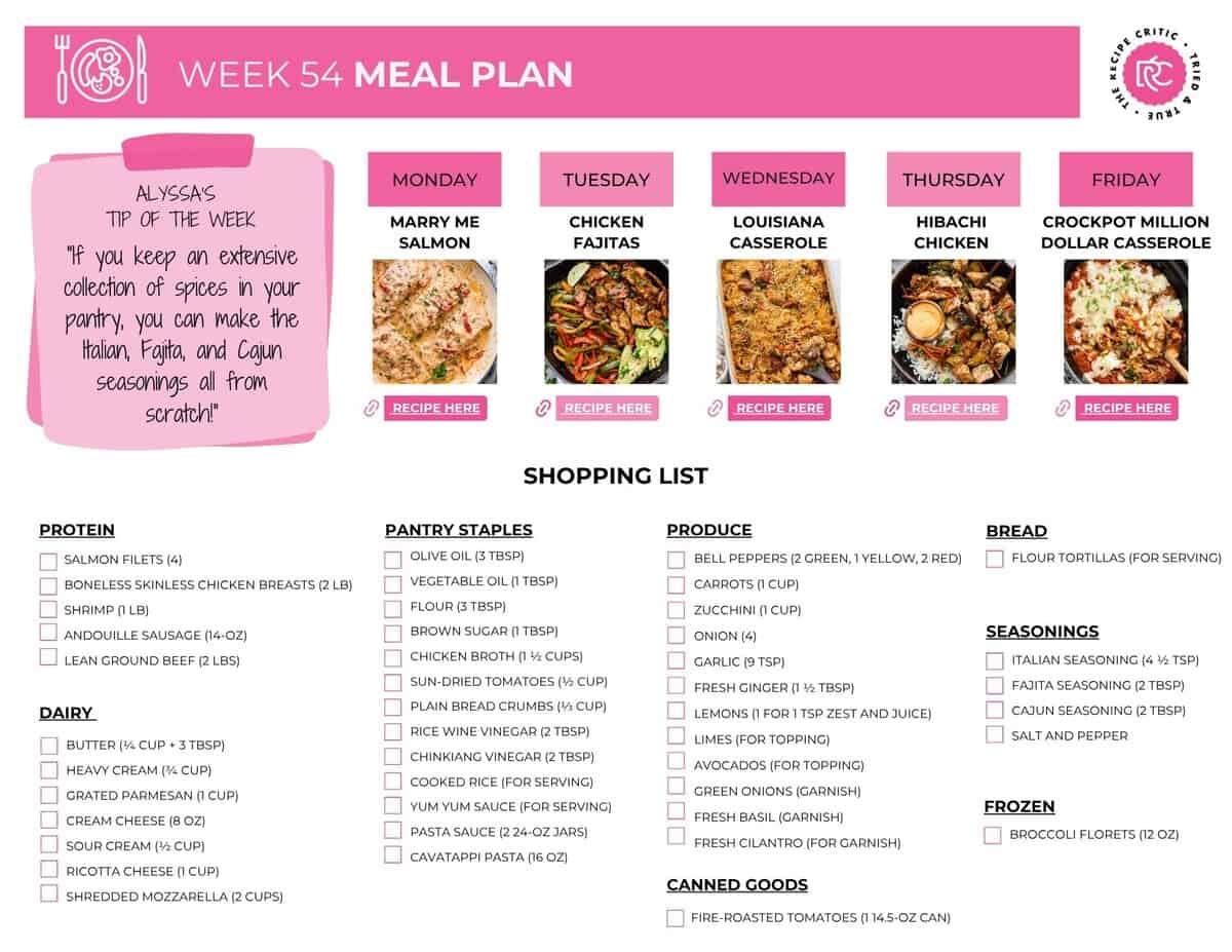 This week 54 meal plan has so many of my favorite recipes in it! It has meals that even my kiddos love, so I know that you will love them too! Image of the free printable grocery list.