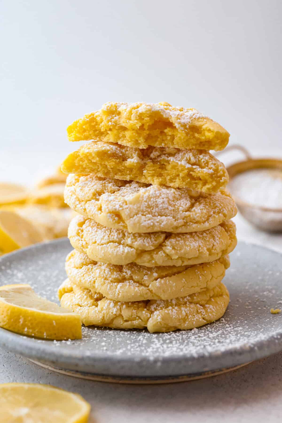 Side shot of a stack of lemon cake mix cookies. 