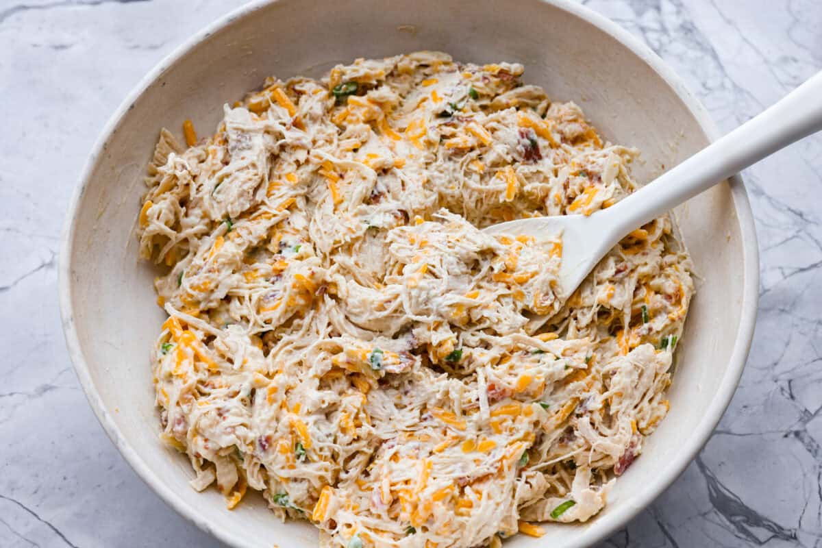 Neiman Marcus Chicken Casserole is boujee on a budget. It’s creamy, comforting, and topped with a buttery, golden cracker crust. Inspired by a recipe from the iconic department store’s café, this casserole tastes amazing and comes together fast. Casserole ingredients in a bowl mixed together.