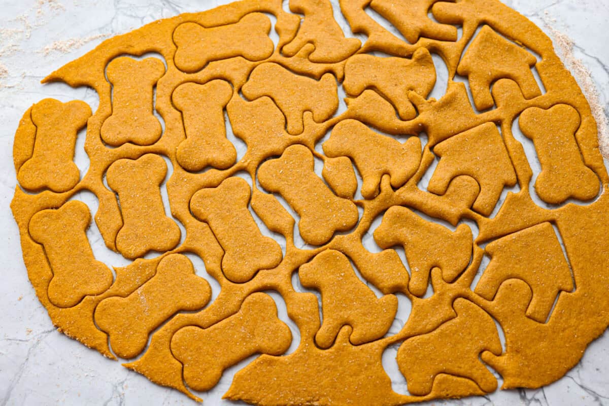Dog treat dough rolled out and cut with cookie cutters. 