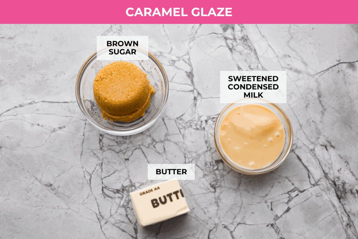 Overhead shot of labeled caramel glaze ingredients. 