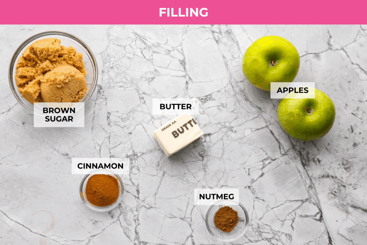 Overhead shot of labeled filling ingredients. 