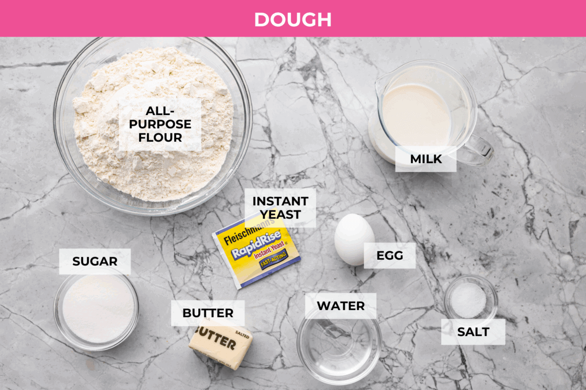 Overhead shot of labeled caramel apple cinnamon roll dough ingredients. 