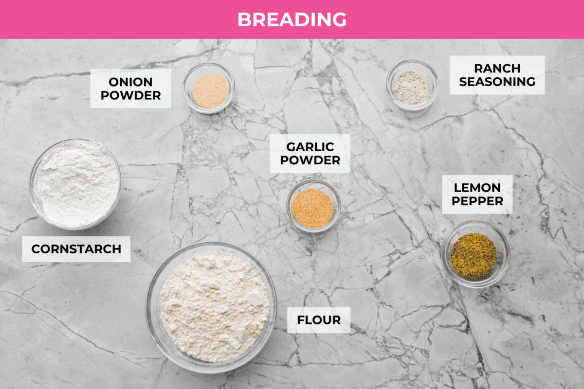 Overhead shot of labeled breading ingredients. 