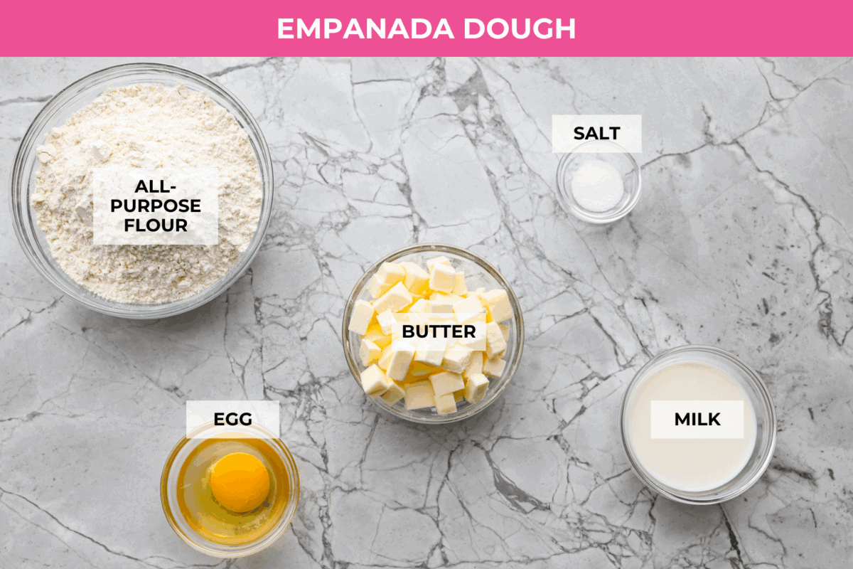 Overhead shot of labeled empanada dough ingredients. 