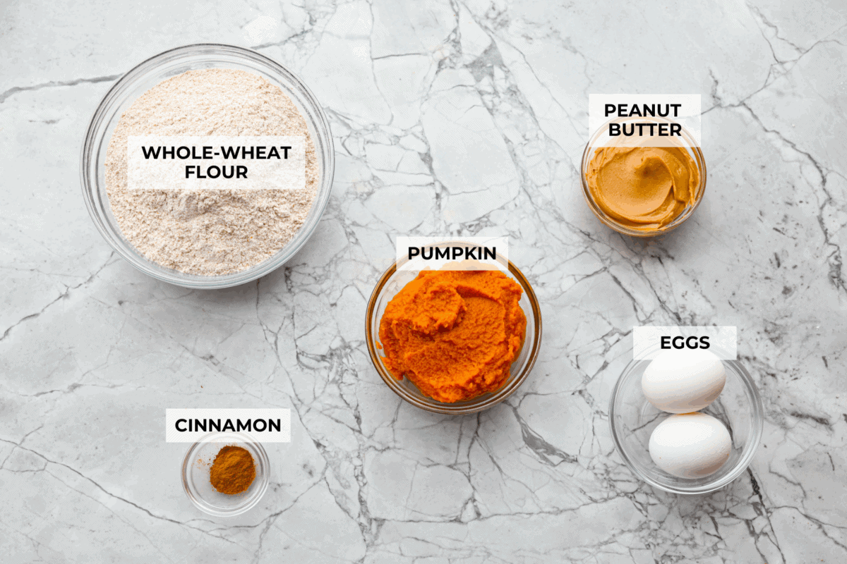 Overhead shot of labeled ingredients. 