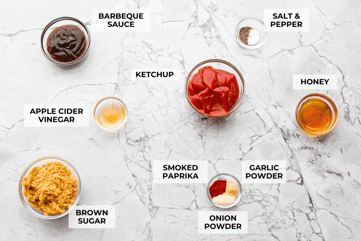 Here in Utah, J. Dawgs is basically a religion! Their hot dogs are THAT good. The sweet, tangy, smoky sauce? Life-changing! Make this copycat J Dawgs sauce at home and you’ll never look at ketchup the same way again. Overhead shot of labeled ingredients.