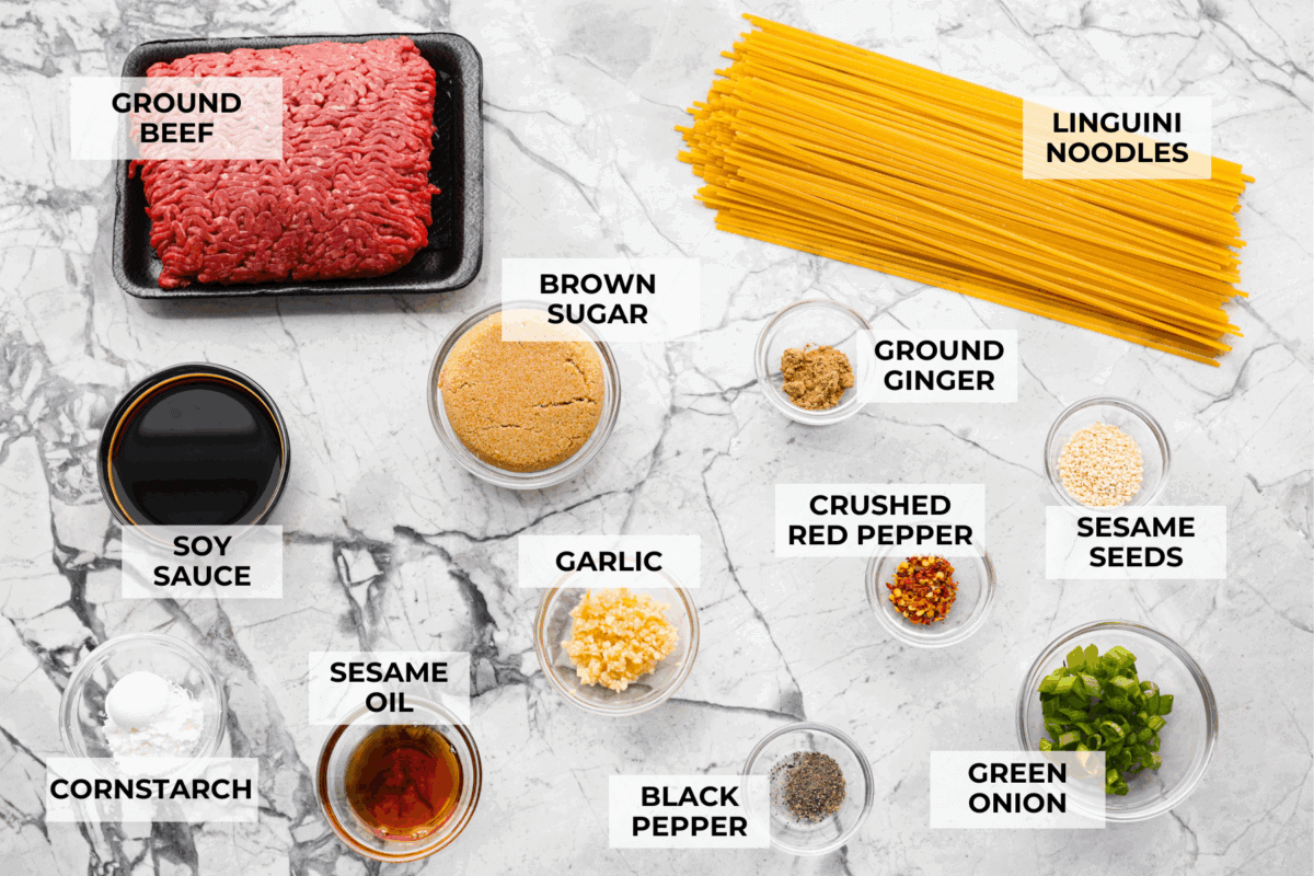 Overhead shot of labeled ingredients.