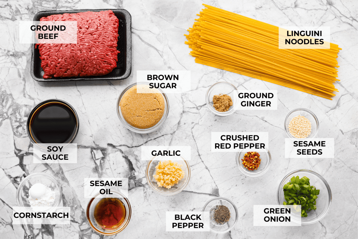 You guys are obsessed with my Korean Ground Beef rice bowls, so I decided I needed a noodle version. Tender beef, savory goodness, and those irresistible Korean flavors all wrapped up in one slurp-worthy Korean Beef Noodle dish. Overhead shot of labeled ingredients.