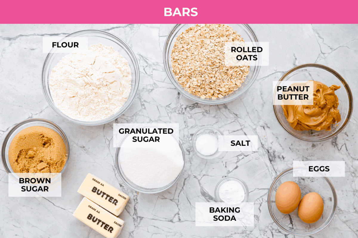 Overhead shot of labeled peanut butter bar ingredients. 