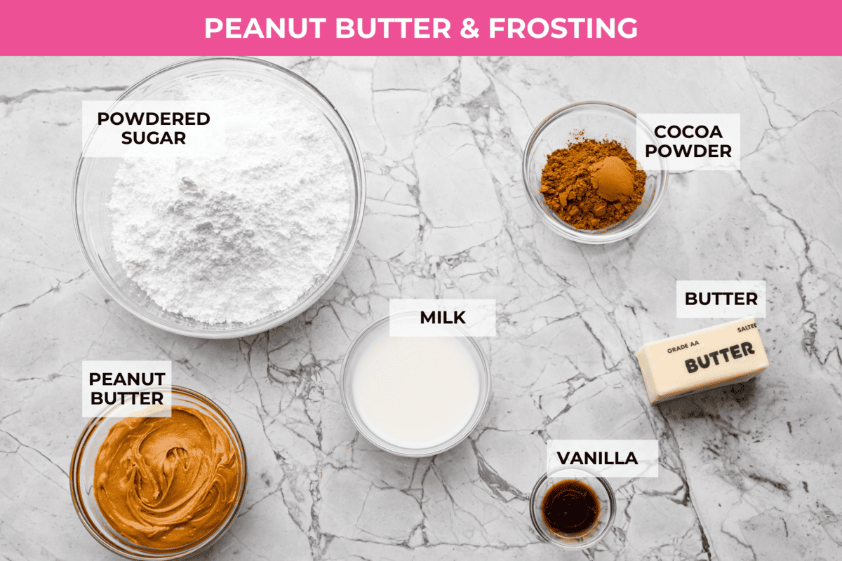 If you grew up in Utah, Lunch Lady Peanut Butter Bars were basically a rite of passage. Thick, chewy, and slathered in chocolate frosting. My version is even better, and yes, this one earned its spot in my cookbook for a reason. Overhead shot of labeled peanut butter and frosting ingredients.