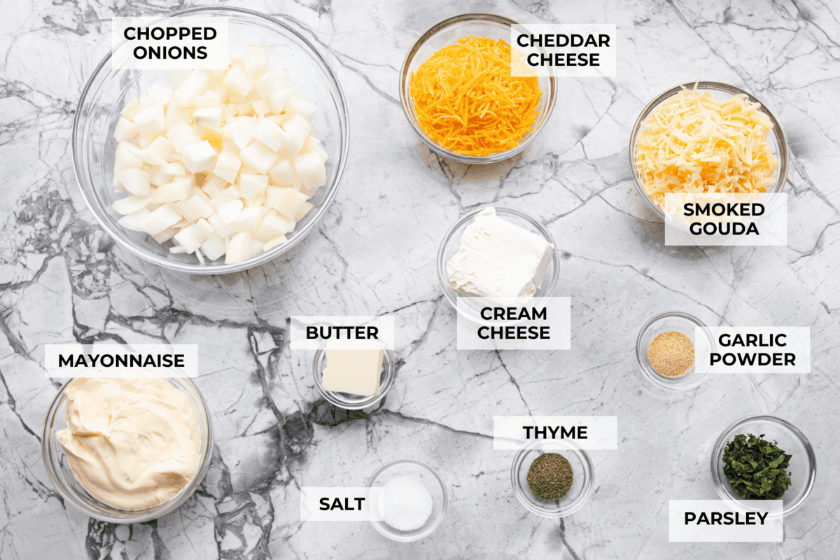 My Tennessee Onion Dip is a family-party legend. Everyone always begs me to bring it, and for good reason, the sweet onion flavor baked with gooey cheese and seasonings is absolutely irresistible! Overhead shot of labeled Tennessee onion dip ingredients.