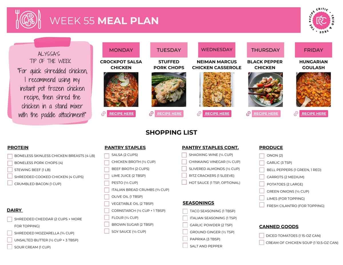This weekly meal plan has the zesty kick of Crockpot Salsa Chicken to the rich, cozy comfort of Hungarian Goulash. It’s a week full of dinners worth looking forward to! You can explore all of my weekly menu plans right here. Image of the shopping list for the weekly meal plan.