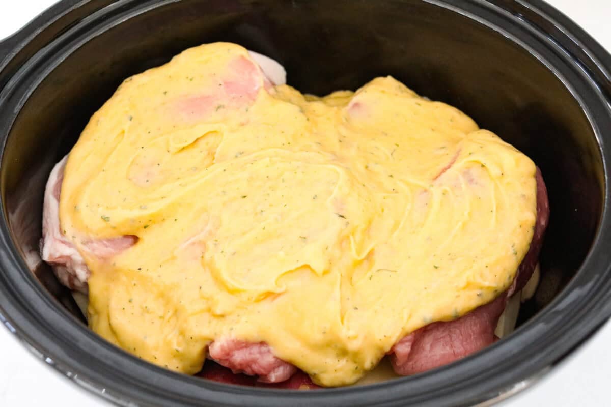 Soup mixture spread over the top of the pork chops.