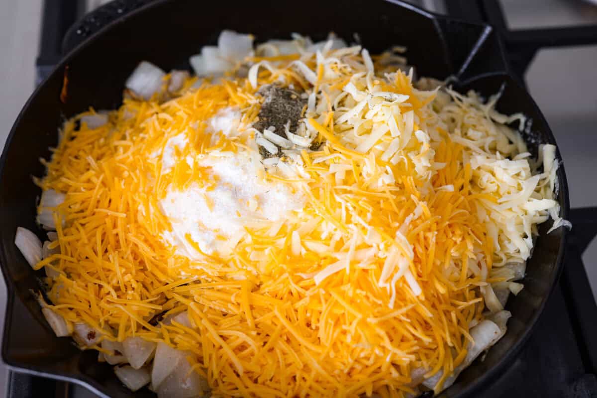 My Tennessee Onion Dip is a family-party legend. Everyone always begs me to bring it, and for good reason, the sweet onion flavor baked with gooey cheese and seasonings is absolutely irresistible! Cheese and seasonings added to the chopped onions.