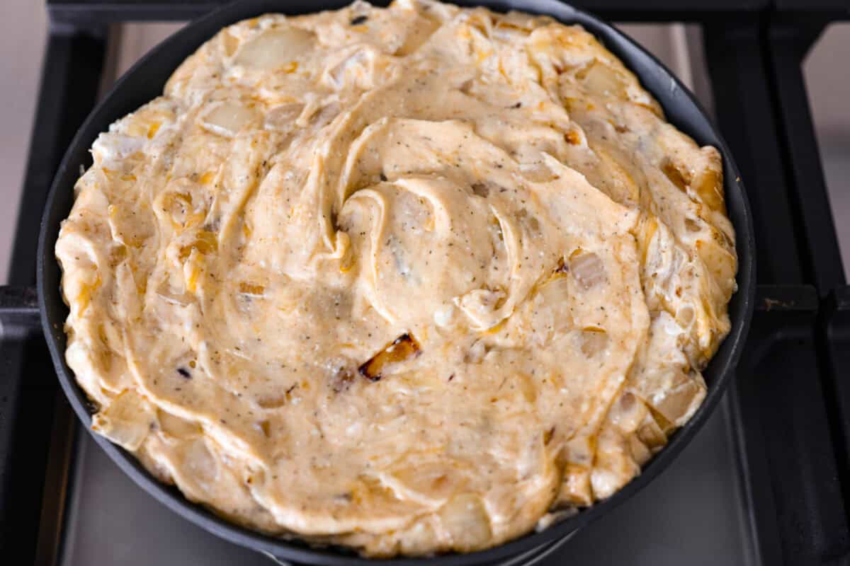My Tennessee Onion Dip is a family-party legend. Everyone always begs me to bring it, and for good reason, the sweet onion flavor baked with gooey cheese and seasonings is absolutely irresistible! Cheese and other ingredients all mixed together, ready to go into the oven.