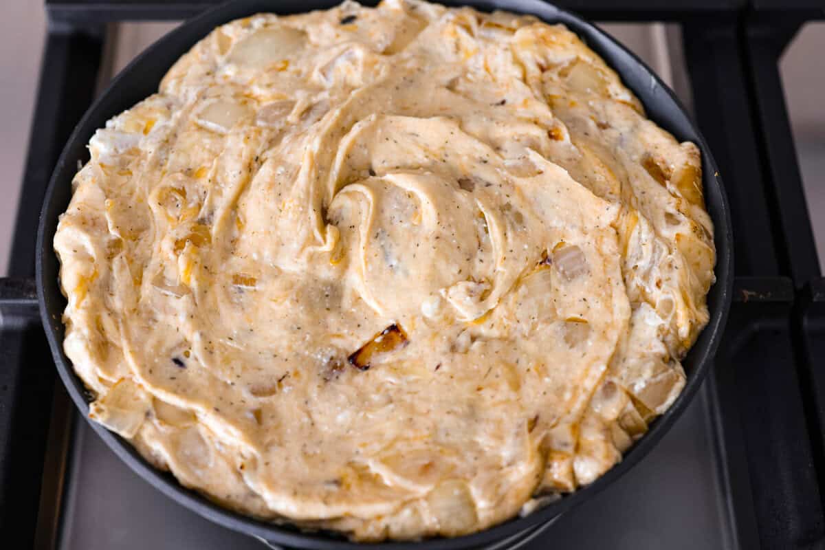 My Tennessee Onion Dip is a family-party legend. Everyone always begs me to bring it, and for good reason, the sweet onion flavor baked with gooey cheese and seasonings is absolutely irresistible! Cheese and other ingredients all mixed together, ready to go into the oven.