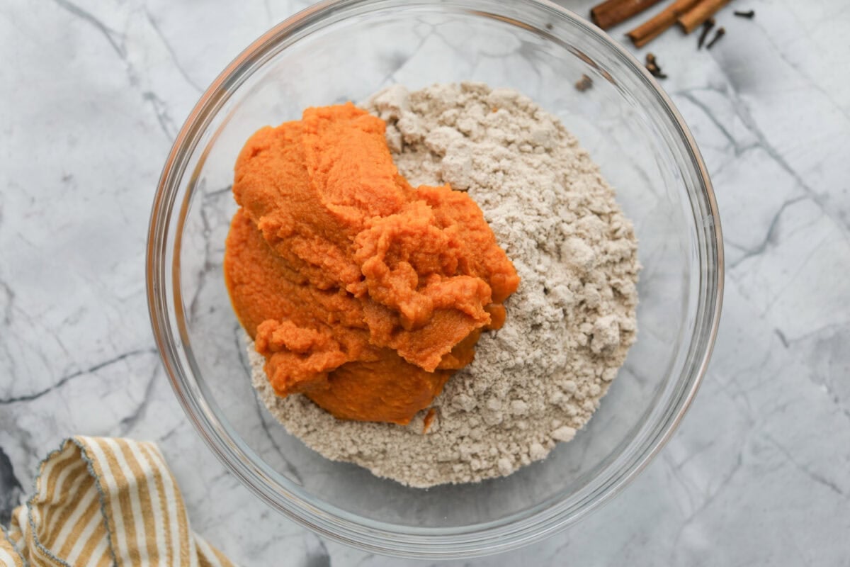 This 2 ingredient pumpkin cake comes together in minutes and bakes up perfectly spiced, tender, and fluffy every single time. It’s the ultimate dessert for any fall gathering or when the sweet tooth hits! Bowl of cake mix and pumpkin puree.
