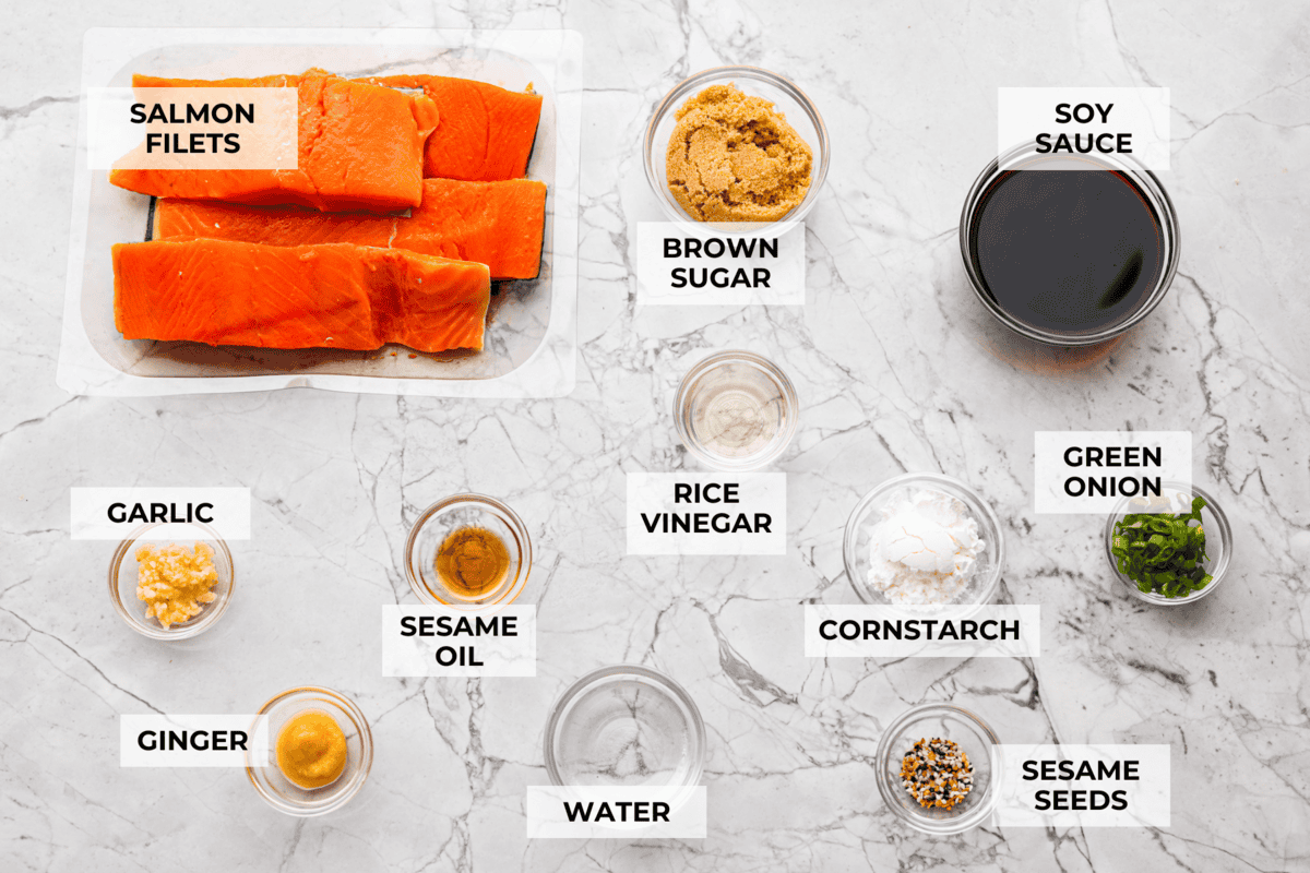 Air fryer teriyaki salmon is the best fast and tasty meal! The salmon cooks up perfectly tender with crisp edges, then gets coated in a glossy, sweet-and-savory teriyaki glaze that I know you'll love! Overhead shot of labeled air fryer teriyaki salmon ingredients.