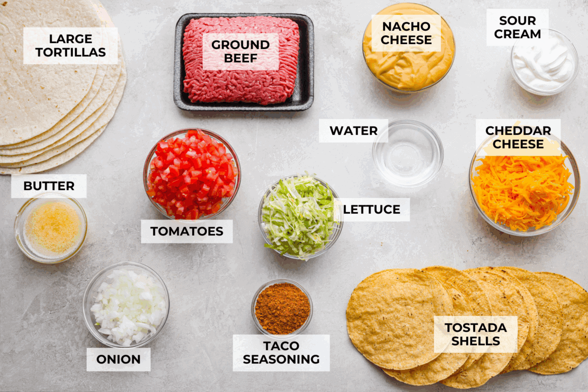 Overhead shot of labeled crunchwrap casserole ingredients. 