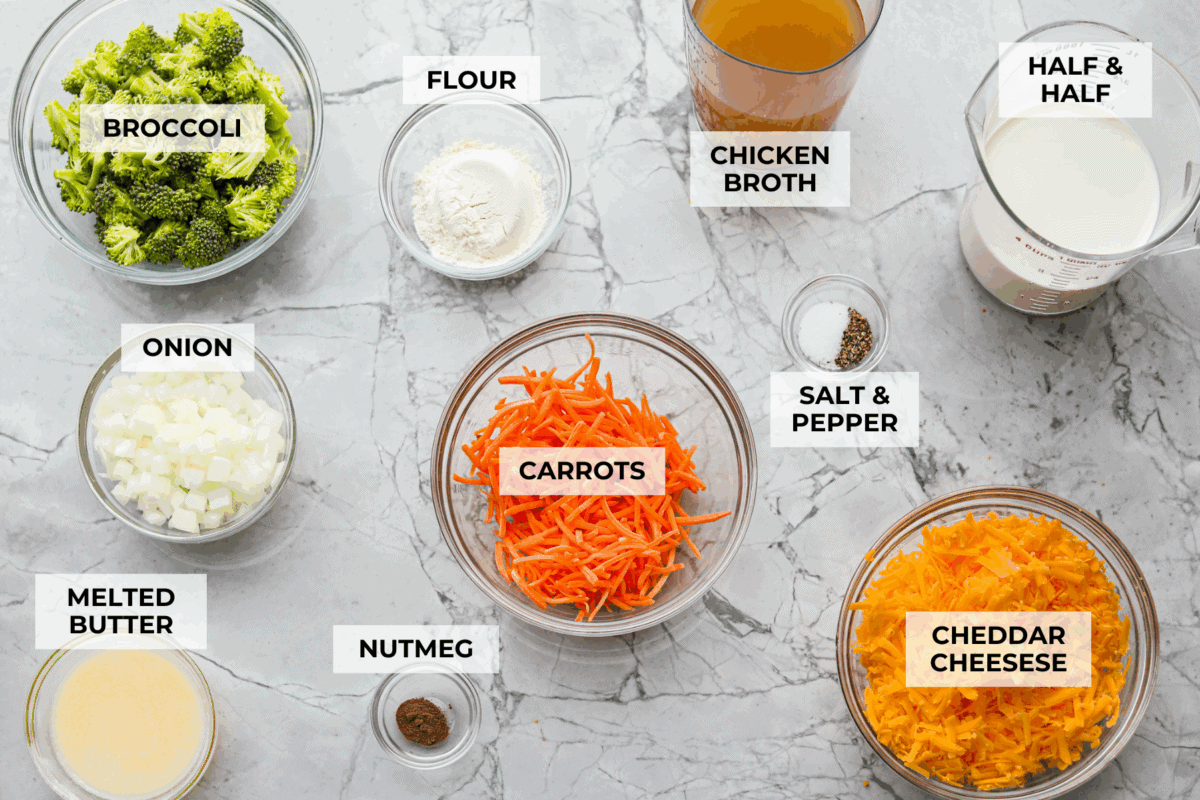 I promise that with just one bite of this copycat Panera Bread Broccoli Cheddar Soup, you'll be hooked! It's ultra creamy with broccoli, shredded carrots, and a hint of nutmeg, all cooked together with melted cheese. This soup is delicious and easy to make! Overhead shot of labeled ingredients.