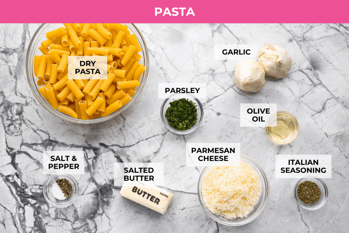 Every time I make garlic bread, my family eats every last piece! This garlic bread pasta has all the same buttery, garlicky flavor you love, just in pasta form. It’s creamy, comforting, and easy to make! And there is plenty to go around! Overhead shot of labeled pasta ingredients.